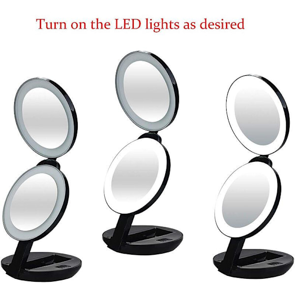 Tri-fold makeup spejl, transportabelt foldbart skønheds dobbeltsidet lille LED spejl med fyldlys (sort Diameter 11,43*2,9 cm)
