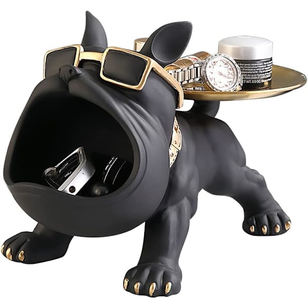 Fransk Bulldog Staty Ornament, Resin Nyckelskål för hallar Fransk Bulldog Skulptur Present Dekorativa hemtillbehör (svart)