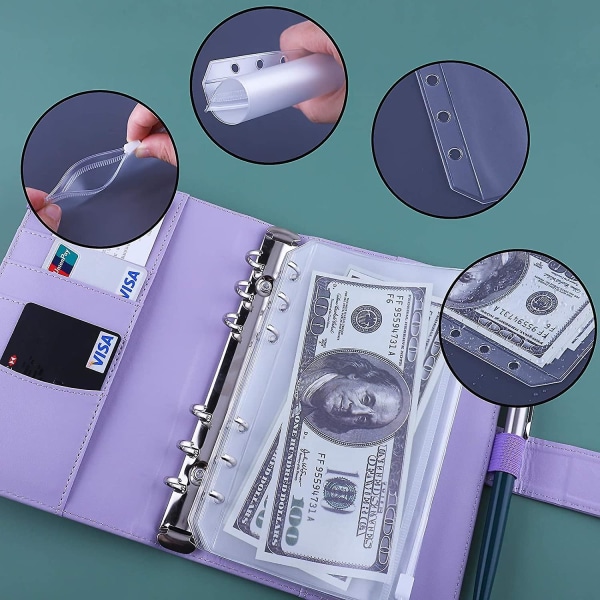 12 stk. A6 ringbindslommer løsbladsposer 6 ringbind Kontant budgetkonvoluttersystem, A6 Pu læderbindssæt Purple