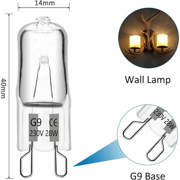 G9 halogenpære 28W 230V, 370LM 2700K varm hvit dimbar, G9 kapselpærer, for lysekroner, landskapslys, vegglamper, skapbelysning, pakke på 10