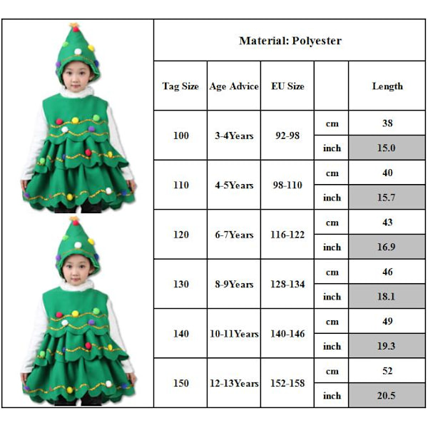 Kid Juletræ Kostume Ærmeløs kjole + hat Xmas Outfit 100cm