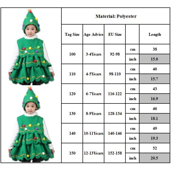 Kid Juletræ Kostume Ærmeløs kjole + hat Xmas Outfit 110cm