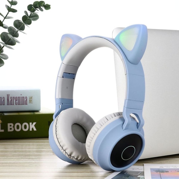 Trådløse Bluetooth hovedtelefoner til børn, Cat Ear Bluetooth trådløse/kablede hovedtelefoner, Led Light Up Trådløse hovedtelefoner til børn over øret med mikrofon Light Blue