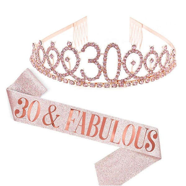 Kvinner glitrende Rhinestone Brev Trykk Sash Tiara Sett bursdag Rose Gold 30 år gammal