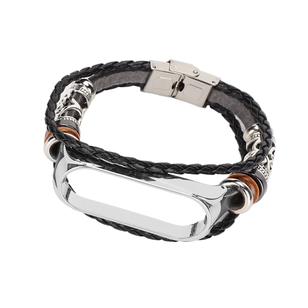 Läderarmband Kompatibelt för Xiaomi Mi Band 6 Armband Etnisk Stil Retro Klockarmband Armband Svart och Silver