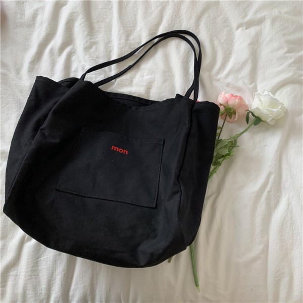 Musta laukku Muoti korealainen naisten laukku, yksi olkapää, suuri kapasiteetti Tulostuskassi Kangaskangaskassi