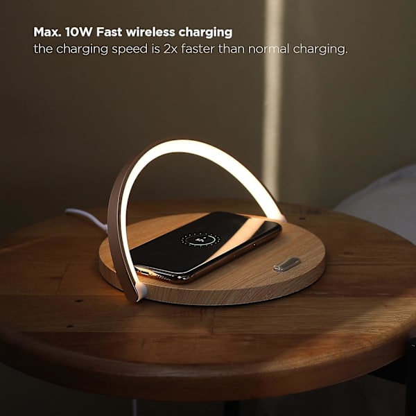 Moderne enkel trådløs opladningsnatlampe (træ), maks. 15w hurtig trådløs oplader, berøringskontrol, 3 niveauer lysstyrke, til Galaxy S10/s20/note 10, Iphon