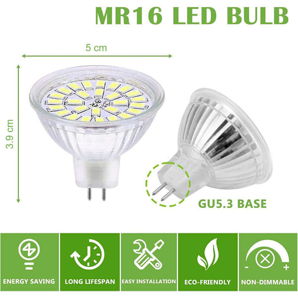 GU5.3 LED Pære Kald Hvit 6000K, MR16 LED 12V 5W Tilsvarende 50W Halogen, Ikke-Dimbar LED Spotpærer, Pakke med 10
