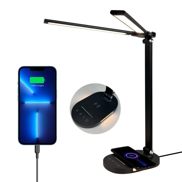 LED-bordslampor för hemmakontor, skrivbordslampa med dubbla svängarm, dimbar skrivbordslampa med USB laddningsport, kontorslampa med N