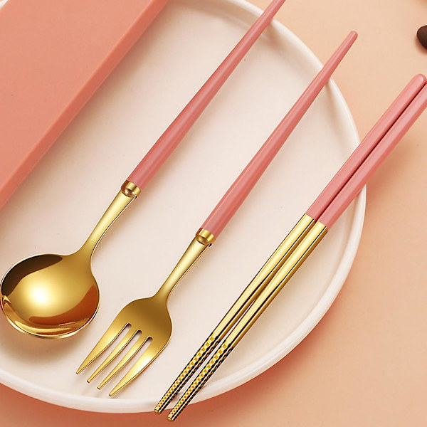 Gjenbrukbare reisebestikk i rustfritt stål sett med etui, bærbar matboks for camping og kontor pink