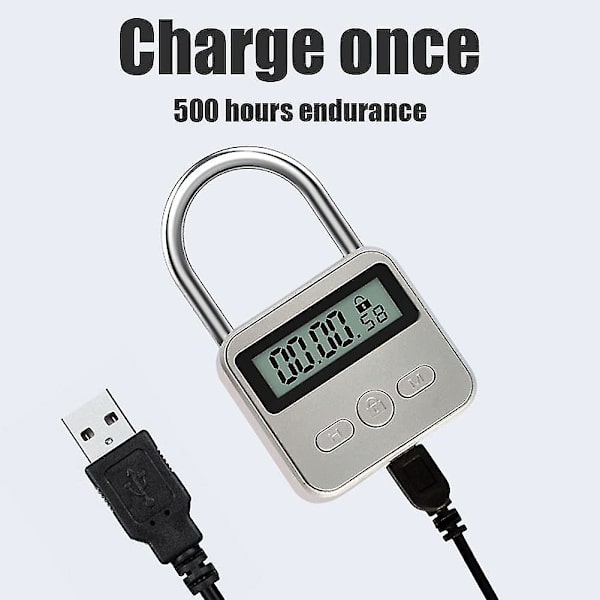 Aikak lukko LCD-näytöllä, USB-ladattava, aikuisille, elektroninen ajastimella silver