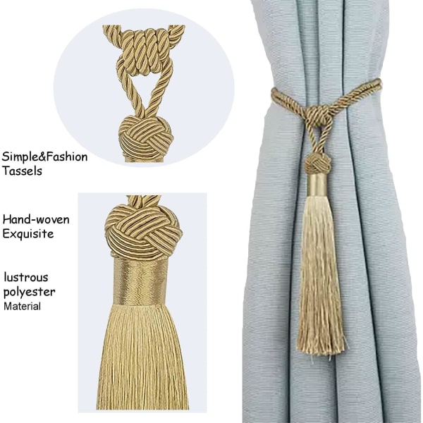 Gardinbindare Handgjorda rep Tofs Tie Backs Par Liner Tiebacks för hem dekorativa draperier Set om 4 (guld, 4)