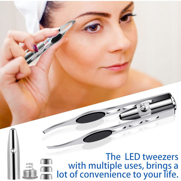 2 pincetter med LED-lys Pincet Makeup Pincet Præcisionspincet til kvinder med lamper til øjenbryn fjernelse Pincet i rustfrit stål (rød)