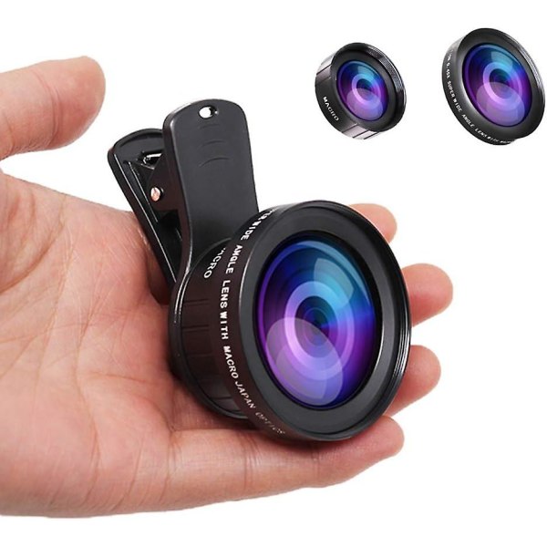 Puhelimen kameran linssisarja, Pro 2 in 1 Universal 0,45x laajakulmalinssi, 15x makroobjektiivi, yhteensopiva Iphone Android -älypuhelintarvikkeiden kanssa (musta)