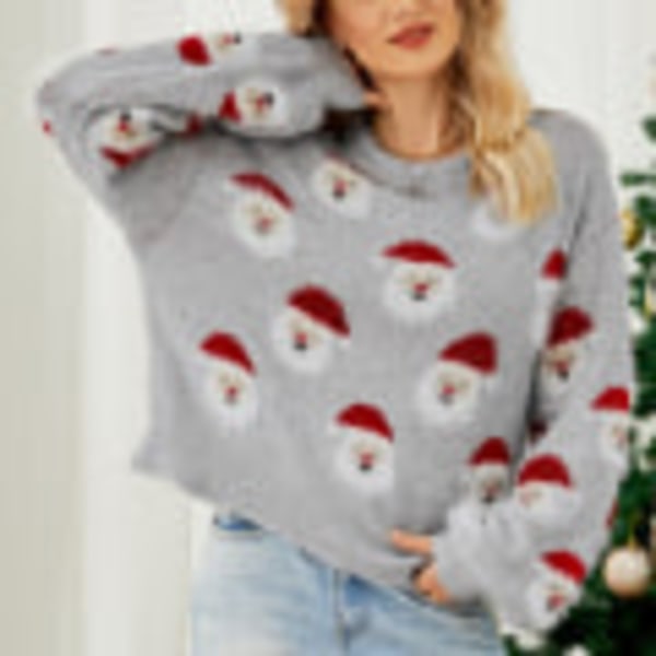 Kvinnor Santa Print Sweater Crew Neck Christmas Stickade Tröjor Grey XL