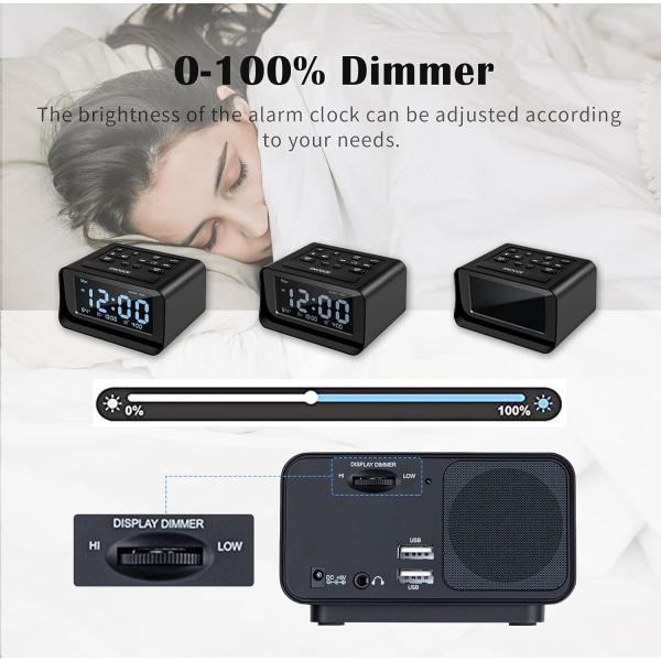 Klockradio med dubbla larm, digital väckarklocka med 2 USB laddningsportar, 0-100 % dimbar, justerbar volym, inomhustermometer（svart）