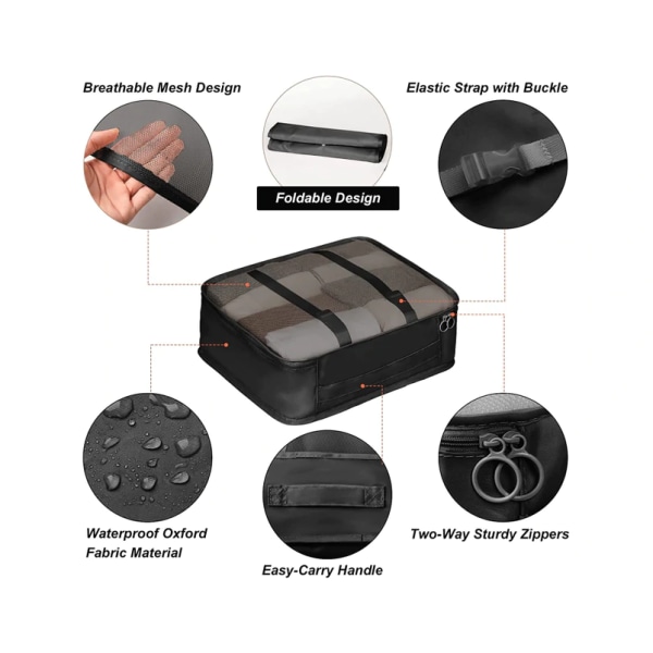 Set förpackningskuber Resekuber för resväskor Bagageförpackning Orginzers, svart