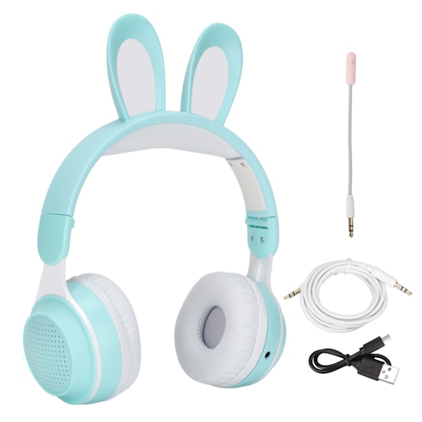 Kaninøre Bluetooth 5.0 Hovedtelefoner Sammenklappelige Trådløse Børneheadset med LED Farvelys til PC Tablet Online Læring Grøn