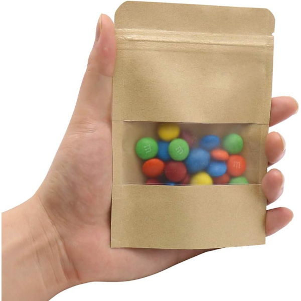 Pakke med 100 stk Papirposer til Slik 10x15cm Genlukningsbar Stativ Kraft