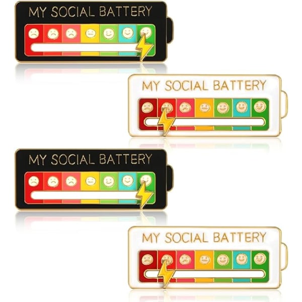 Min Sociale Batteri-Nål, 4 Mine Sociale Batteri-Nål Interaktive Emalje-Nål Sociale Batteri, Kreativ Følelsesmæssig Nål Sjov til Mental Sundhed (Hvid + Sort)