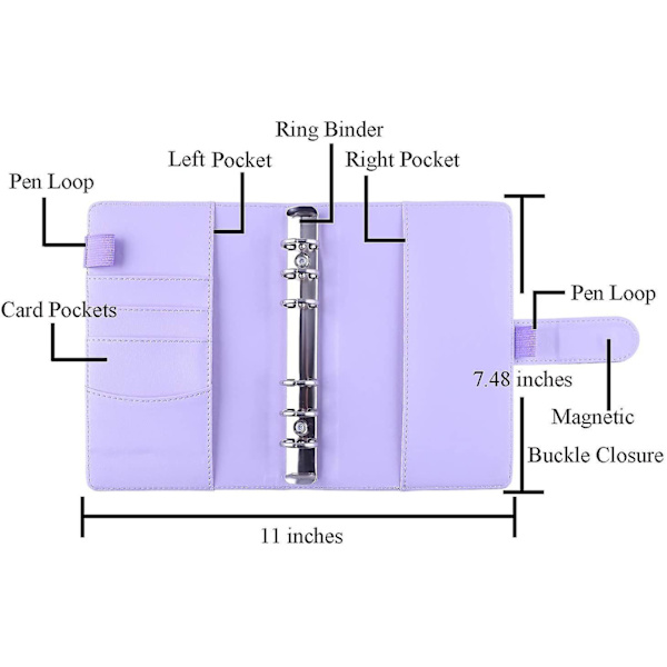 12 stk A6 Permeringslommer Løse Blader Vesker 6 Ring Permer Kontanter Budsjett Konvolutter System, A6 PU Lær Permersett Purple