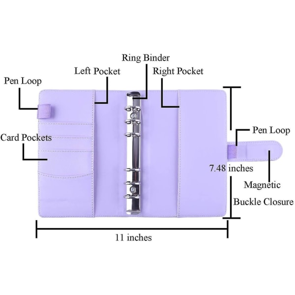 12 stk. A6 ringbindslommer løsbladsposer 6 ringbind Kontant budgetkonvoluttersystem, A6 Pu læderbindssæt Purple