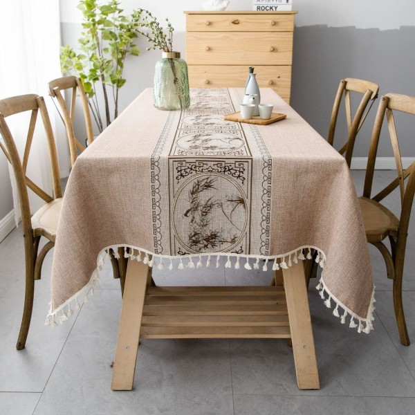 Rektangulär fläcksäker duk linne bomull broderad bordsduk Elegant kinesisk stil printed dukar (rektangulär/oval, 140 x 220 cm)