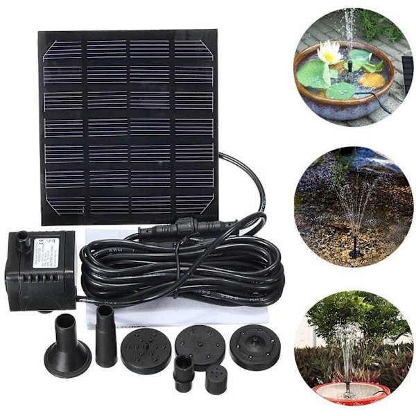 Solpump, solfontän, solcellsdriven vattenpump, vattenpumpsats med solpanel, dränkbar utomhusvattenpump, fågelbadsdammspump