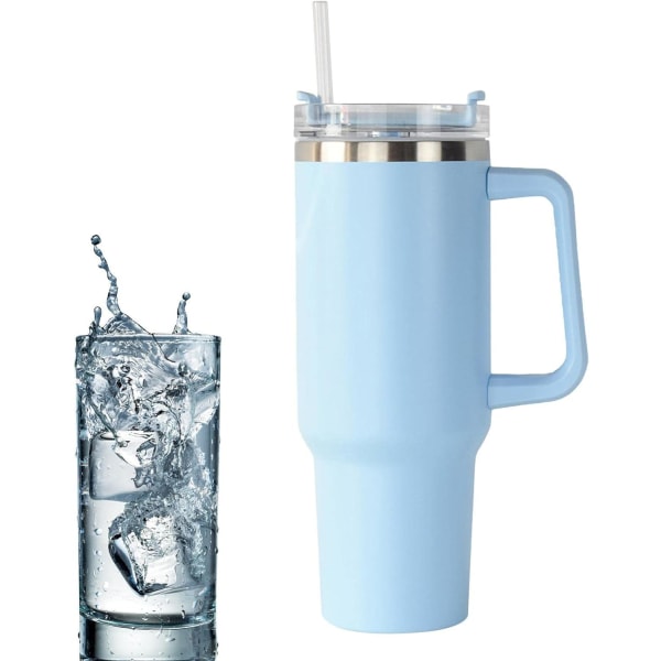 Vattenflaska i rostfritt stål | Mugg med sugrör och handtag | Läcksäker vakuumisolerad vattenflaska för hett iskaffe (ljusblå)