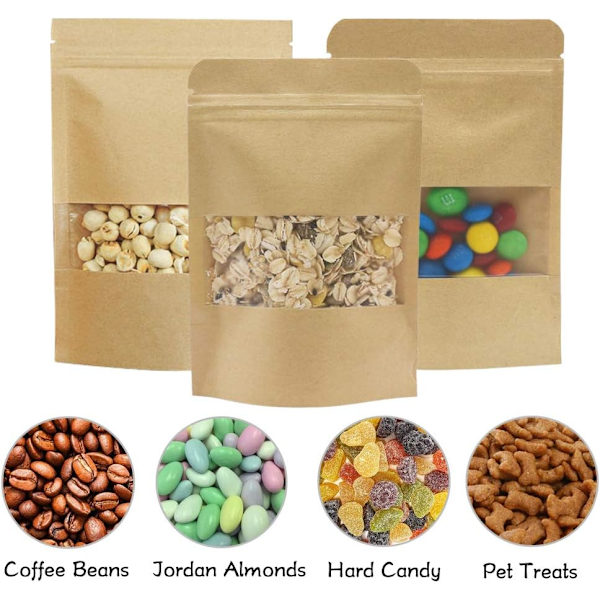 Paket 100st Papperssötpåsar 10x15cm Återförslutningsbart ställ Kraft