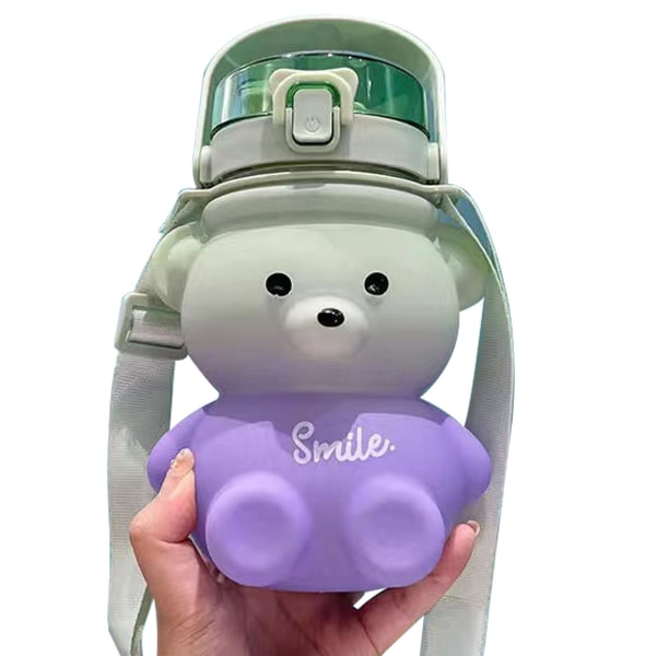 Vesikuppi söpö sarjakuva karhu, säädettävä olkahihna lahja, luova suuri tilavuus vesipullo Green 1100ML