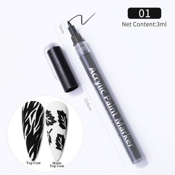 Nail Art Pen Akryl Negle Pen Neglemaling, DIY Nail Art Pen Hvid Black