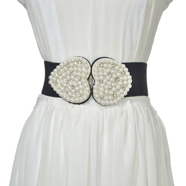 Hjärtform Design Faux Pearl Rhinestone dekor midjebälten för kvinnor Elastiskt, bomull, svart