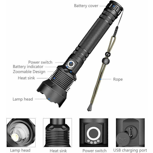 Metallisk LED-ficklampa, 90000 Lumen Ultrastark XHP70 Ficklampa Justerbar Zoombar Vattentät Ficklampa