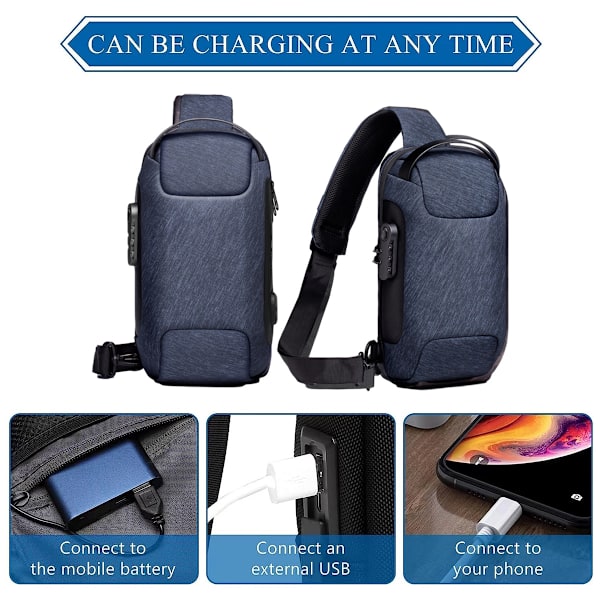 Sling Bag Anti-Theft USB Crossbody Ryggsäck Vattentät bröst Blue
