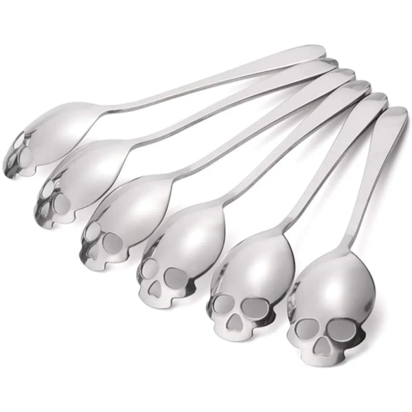 Sæt med 6 dødningehoved teskeer rustfrit stål, 15 cm dødningehoved sukker ske, kaffeske tåler opvaskemaskine, dødningehoved ske, skull ske serie