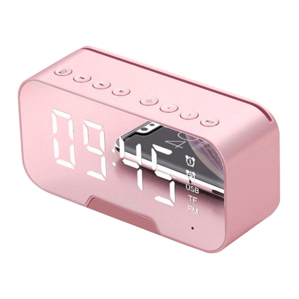 Bluetooth 5.0 Högtalare FM Radio Spegel LED Väckarklocka USB Laddare Hem Rosa