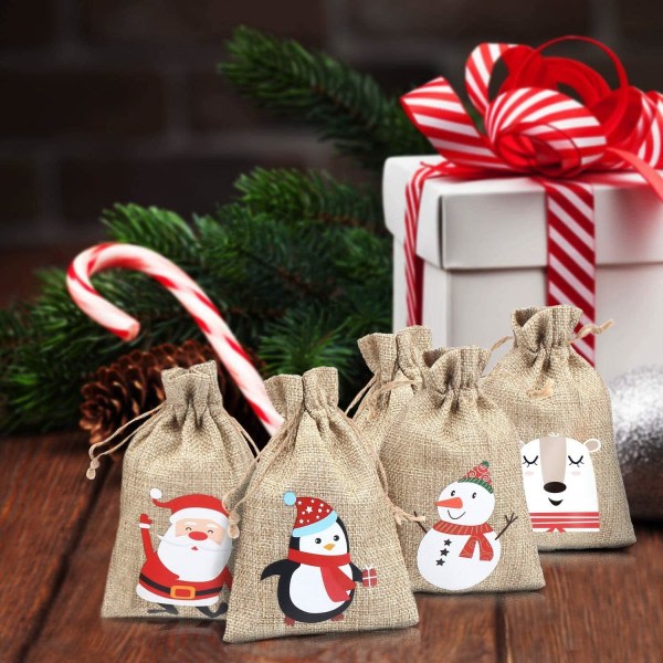 Juljute-säckvävspåsar, juljute-linne-säckväv med dragsko Presentgodispåse för julfavoriter (24)...