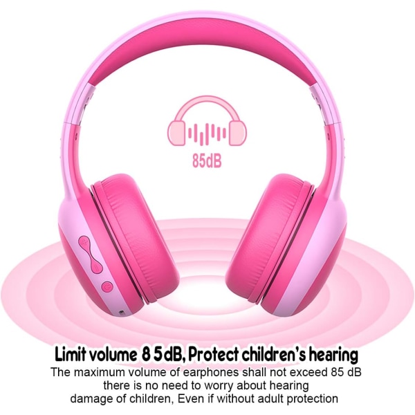 Bluetooth Kids -kuulokkeet mikrofonilla, langattomat kuulokkeet lapsille, 85 dB:n rajoitettu kuulosuojaus, stereokuulokkeet pojille ja tytöille (vaaleanpunainen)