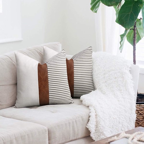 Set med 2 Farmhouse Decor Stripe Patchwork Linne Slagkudde