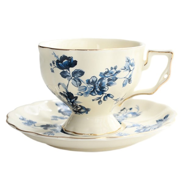 Sininen teekuppi ja lautanen setti 1, kukkakahvikuppi ja lautanen