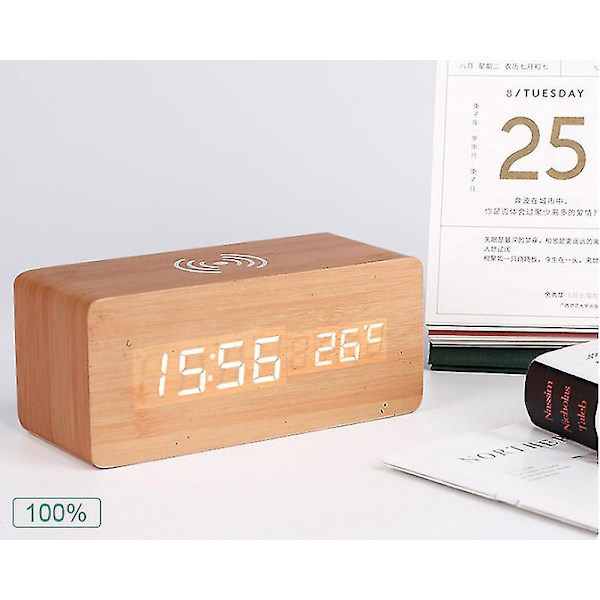 Træ digital vækkeur trådløs opladning Wooden