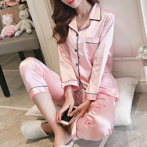 Kvinnor Satin Silk ook Nattkläder Pyjamas ångärmad nattkläder Set Pink L