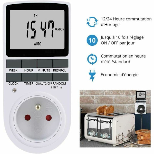 Elektrisk Stikkontakt Programmer, Ugentlig Elektrisk Stikkontakt Timer med 10 Programmer, 24/7 Programmerbar Stikkontakt med LCD Display (1 stk)