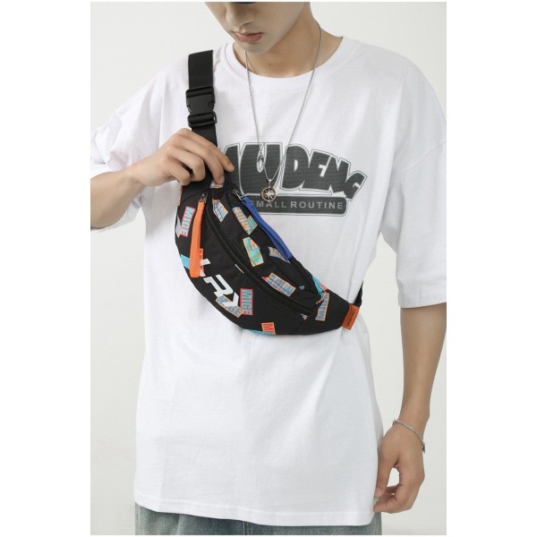 Män kvinnor Fanny Pack Midjeväska Trendigt märke Crossbody Pojkar Liten Telefon för Studenter Bröst Kvinna Black letters 8-inch