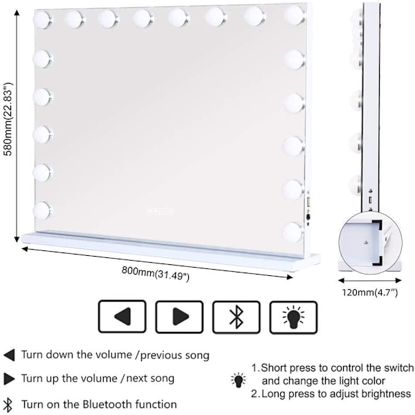 Bluetooth Hollywood-spejl med belysning, 18 dæmpbare LED-lamper, Sølv Silver 80 x 60cm + Bluetooth Speaker