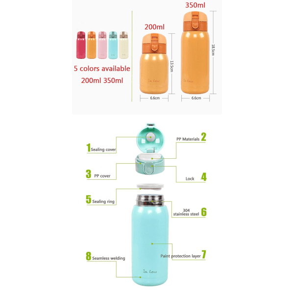 200ml/360ml söpö karkki mini termoskuppi lasten sarjakuva kuumavesipullo ruostumattomasta teräksestä lämpökahvimuki Tyhjiöpullo eristetty orange 360ML