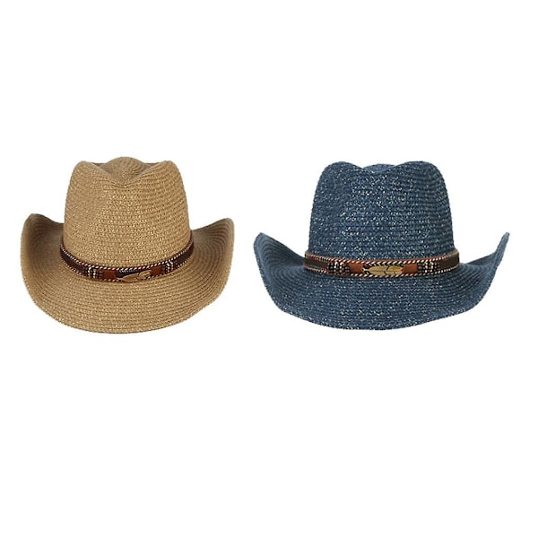2x unisex västerländsk stil halm cowboy cowgirl hatt bred brättad solhatt