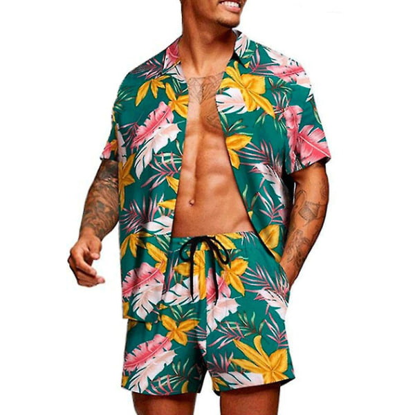 Hawaii blomstrete skjorter for menn Shortssett Sommer Strand Ferie Asual Korte ermer Topper + Shorts Antrekk C XL