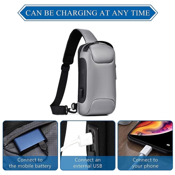 Sling Bag Anti-Theft USB Crossbody Ryggsäck Vattentät bröst Grey